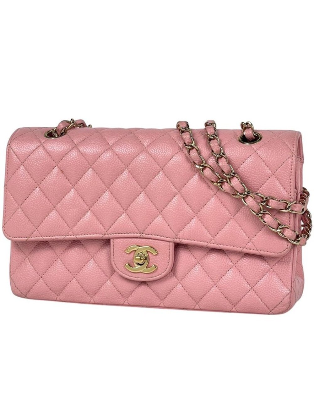 Chanel Quilted Double Flap Chain Shoulder Bag CC Logo Caviar Leather Pink